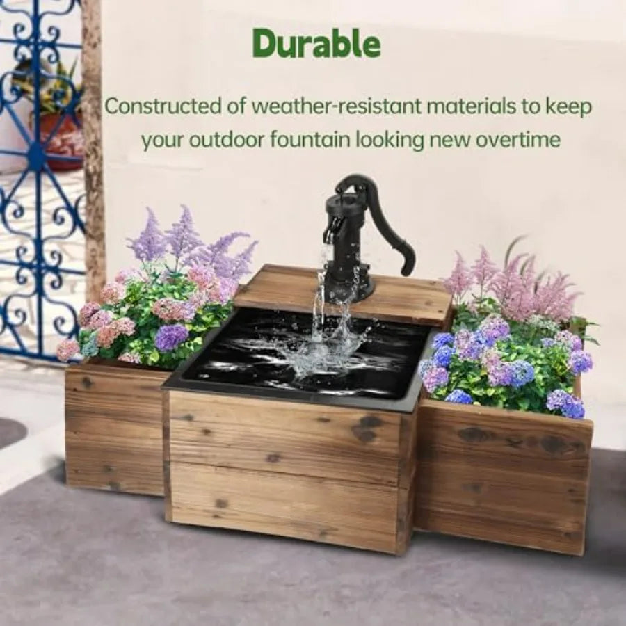 Outdoor Water Fountain Wooden Rectangular Old Fashioned Pump Flower Box