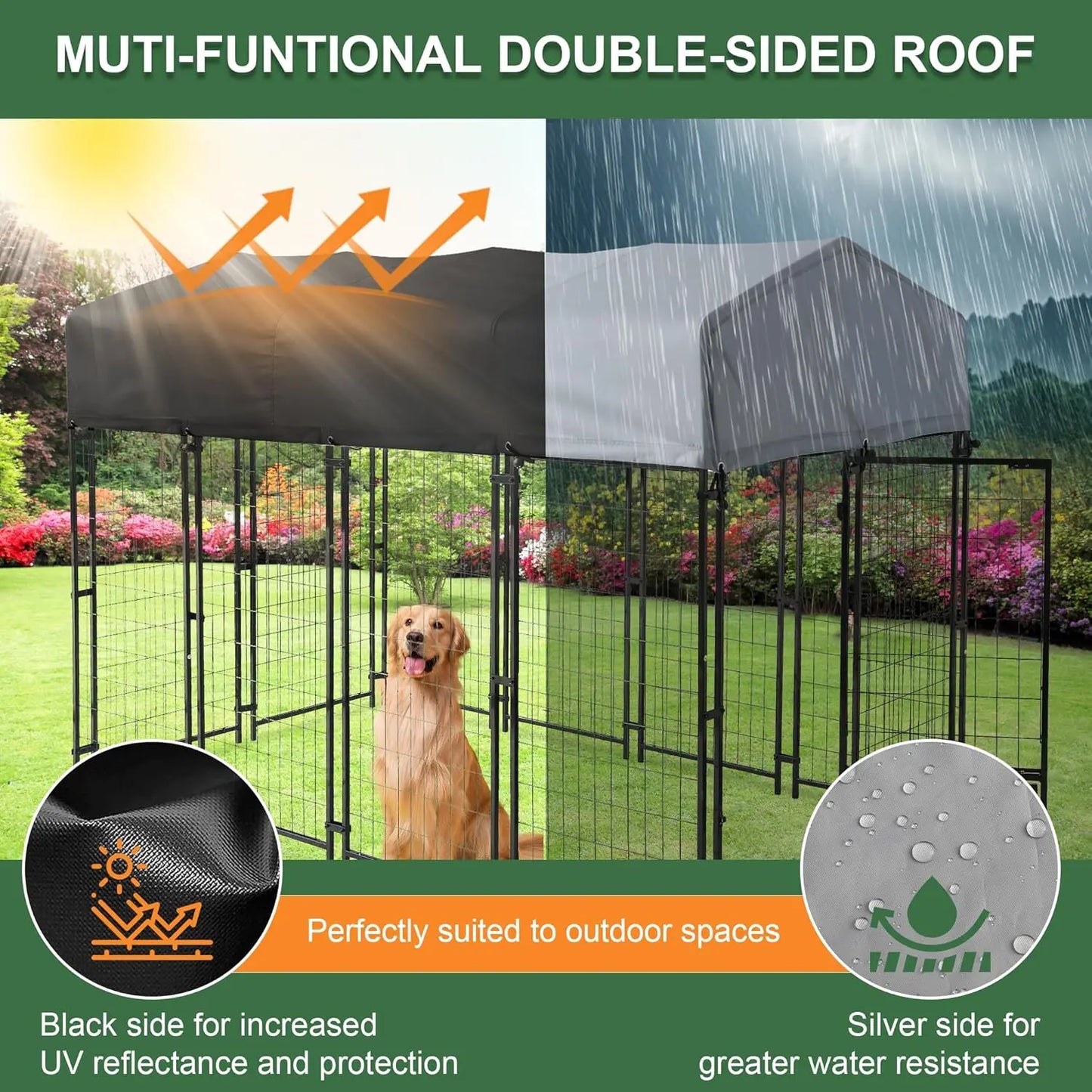 8x4x6 FT Heavy Duty Outdoor Dog Kennel with Roof, Rotating Bowls, Secure Lock for Large Dogs