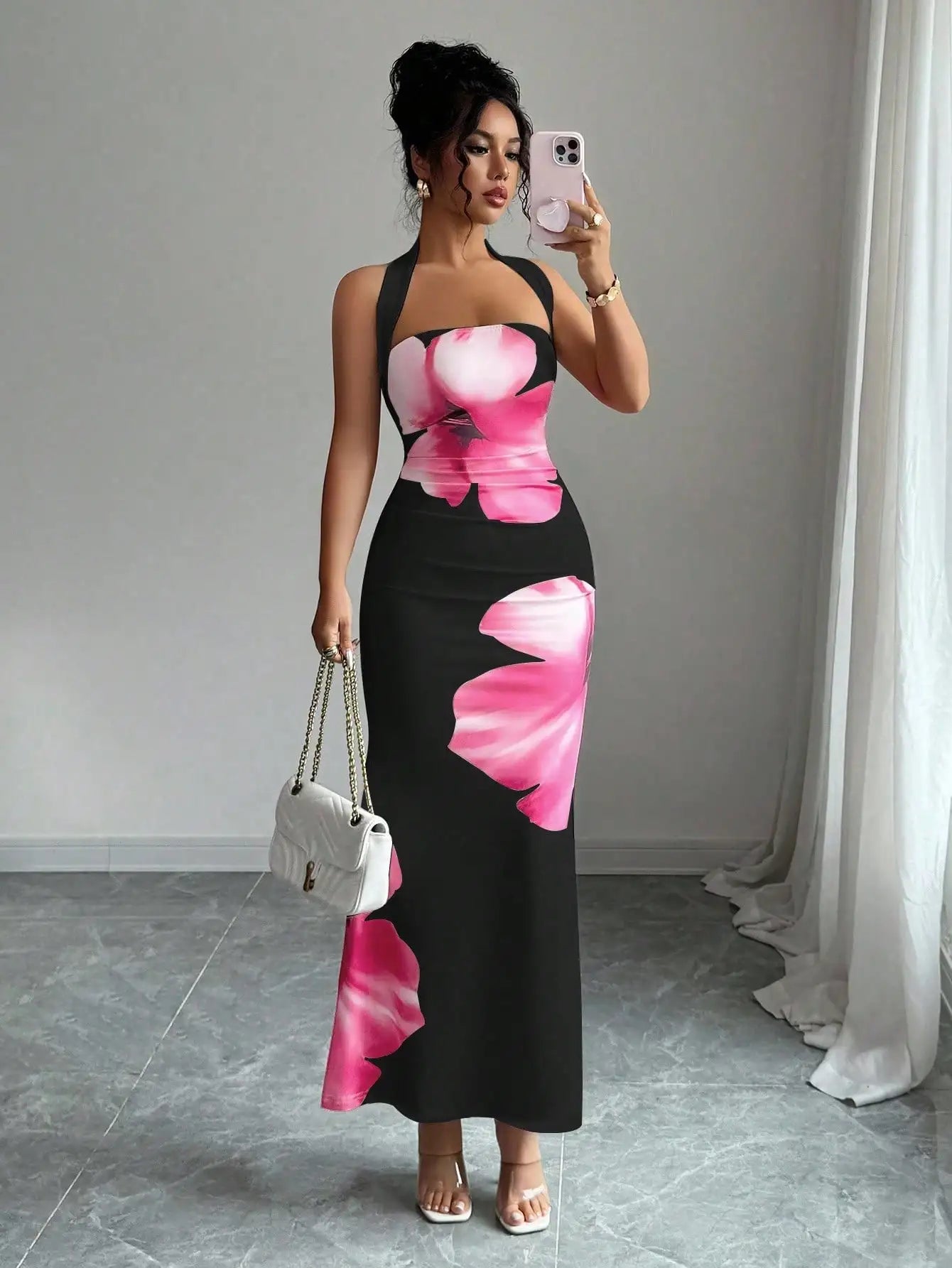 Halter Neck Floral Print Slim Fit Midi Dress For Summer