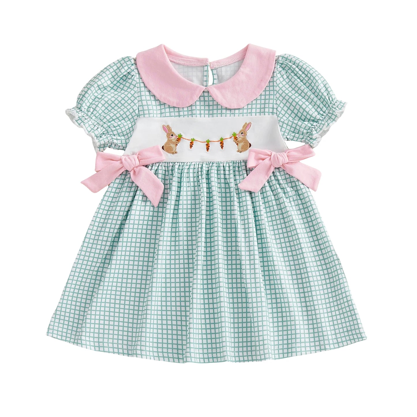 Adorable Baby Girl Easter Dress With Plaid Rabbit Embroidery