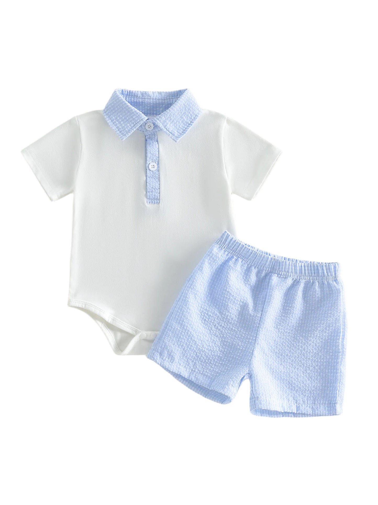 Two Piece Patchwork Plaid Romper and Elastic Waist Shorts Set for Infants