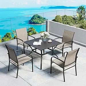 Patio Dining Set For Four 37 Inch Square Table Umbrella Hole Brown Bamboo Chairs