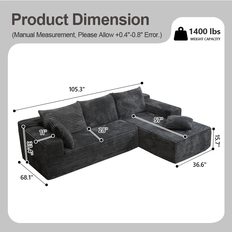 Corduroy L Shaped Sofa Bed With Deep Seat Comfort Durable