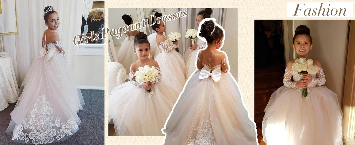 Abaowedding Lace Embroidery Sheer Long Sleeve Kids Gown
