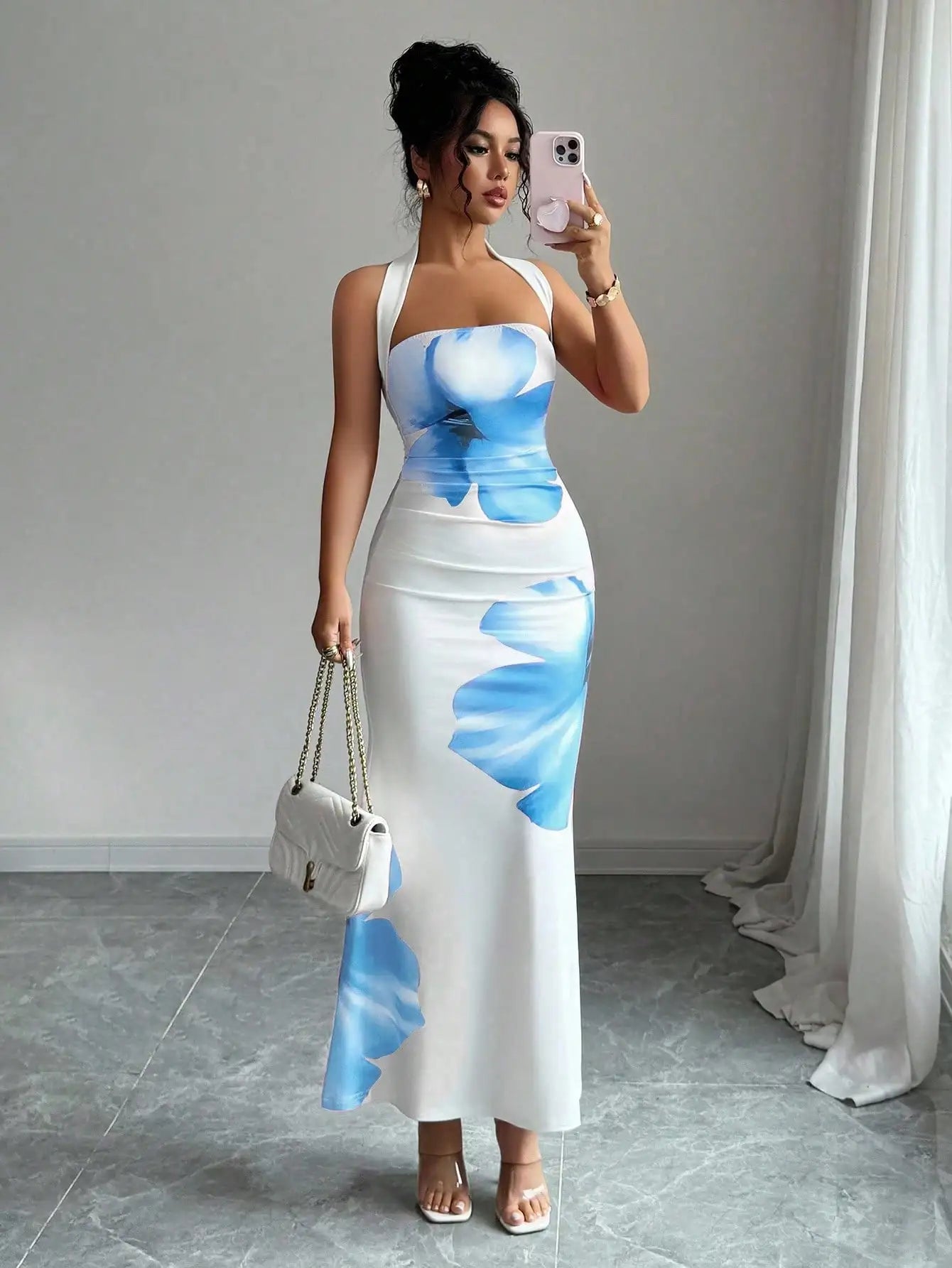 Halter Neck Floral Print Slim Fit Midi Dress For Summer