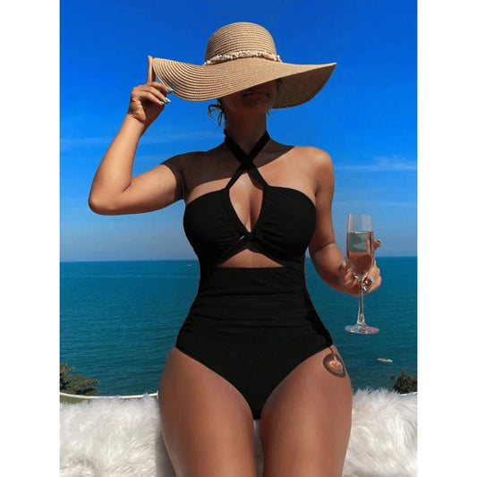 NONECN Hanging Neck Cross Pleated One Piece Bikini Swimsuit