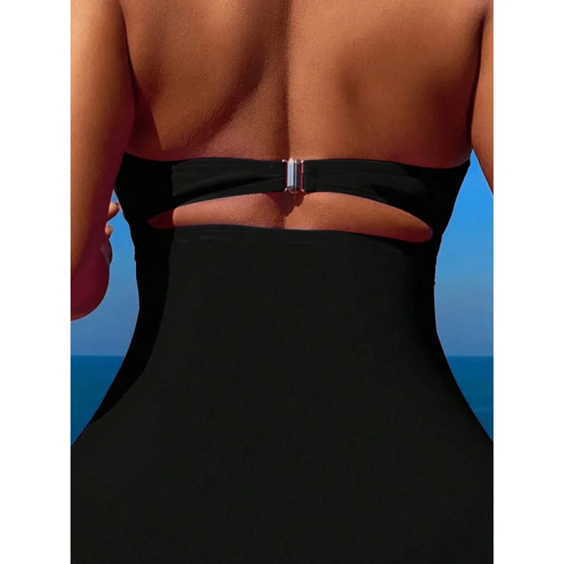 NONECN Hanging Neck Cross Pleated One Piece Bikini Swimsuit