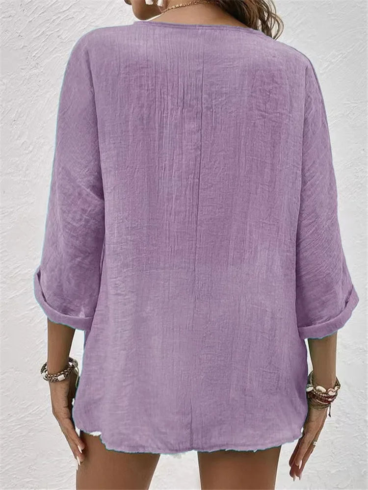 V Neck Long Sleeve T Shirt Button Front Women Topwear
