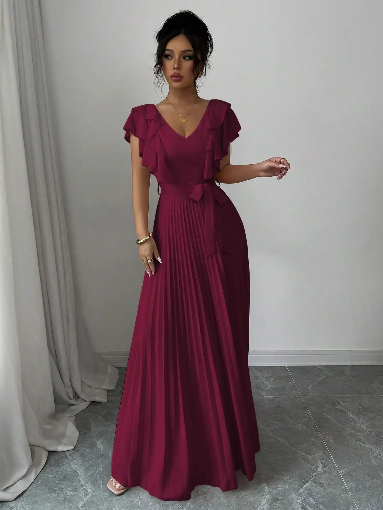 V-Neck Ruffle Sleeve Pleated A-Line Maxi Dress With Waist Tie