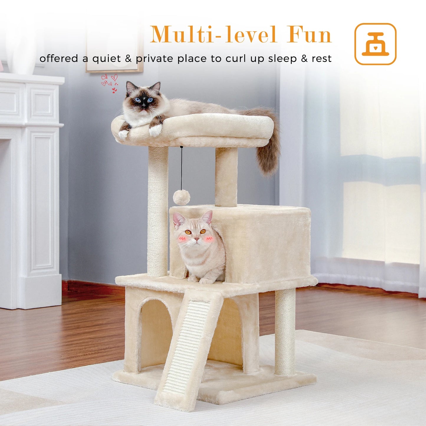 PEQULTI Cat Tree With Natural Sisal Scratching Post And Condo