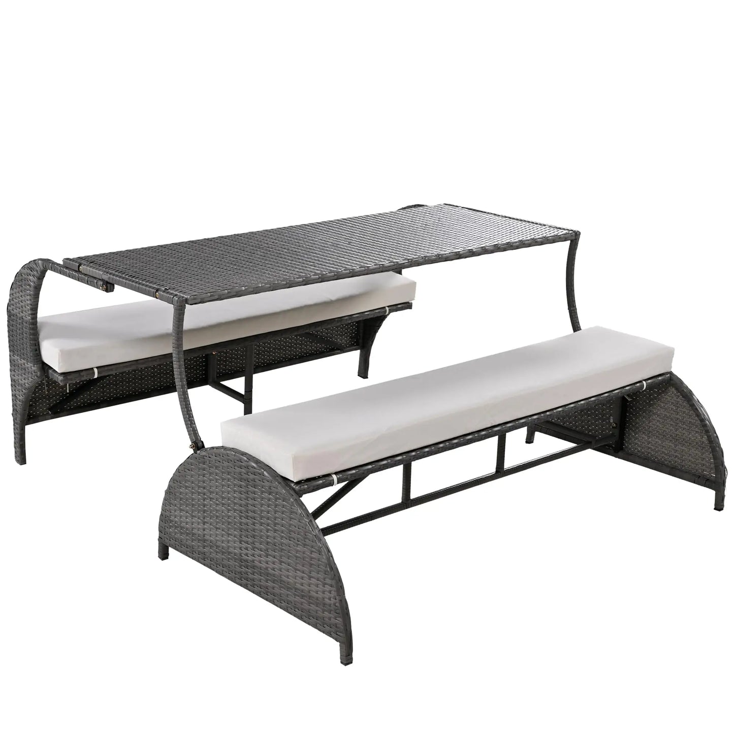 Outdoor Rattan Loveseat Convertible Picnic Bench With Table