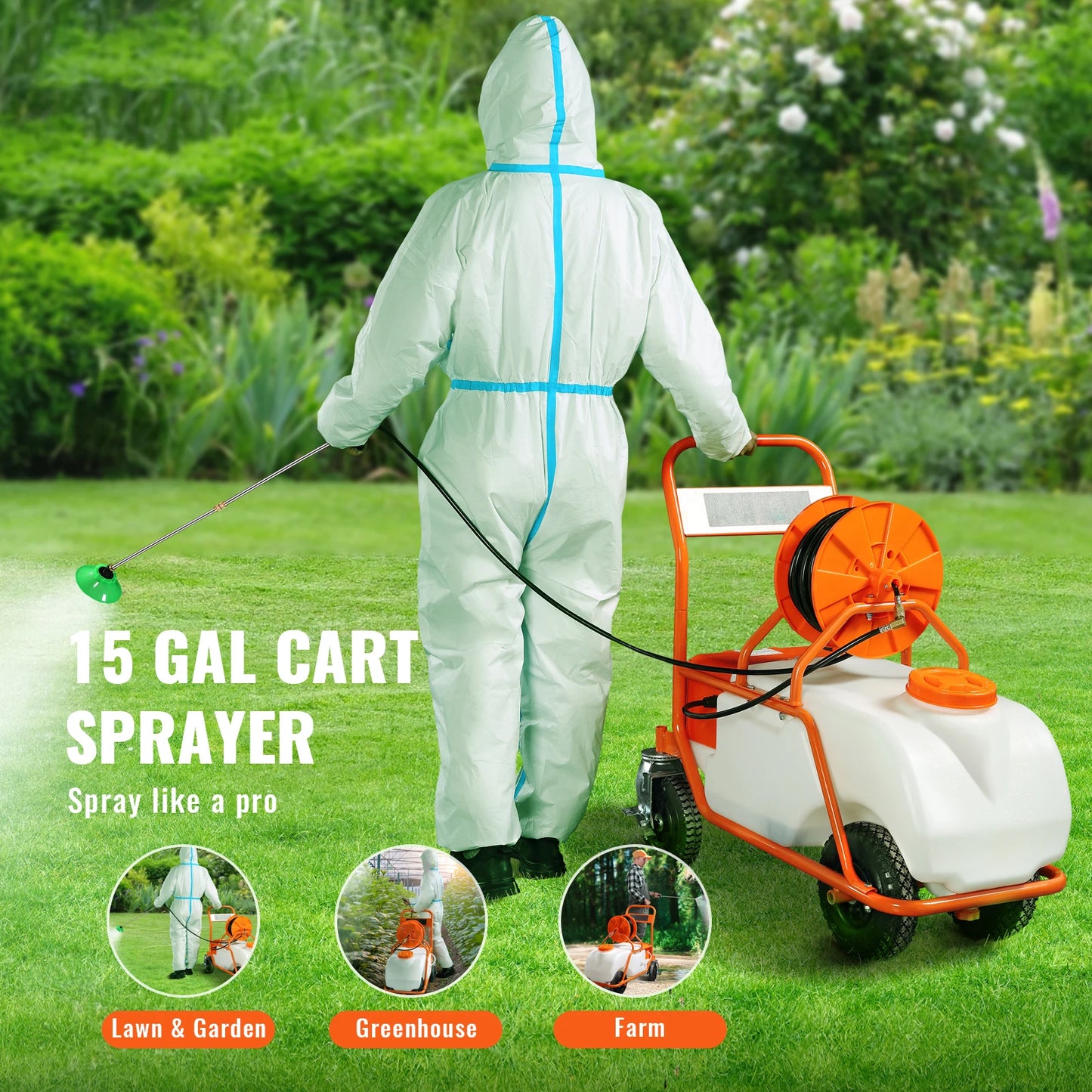 SucceBuy Battery Powered Garden Sprayer With Wheeled Cart Hose Reel