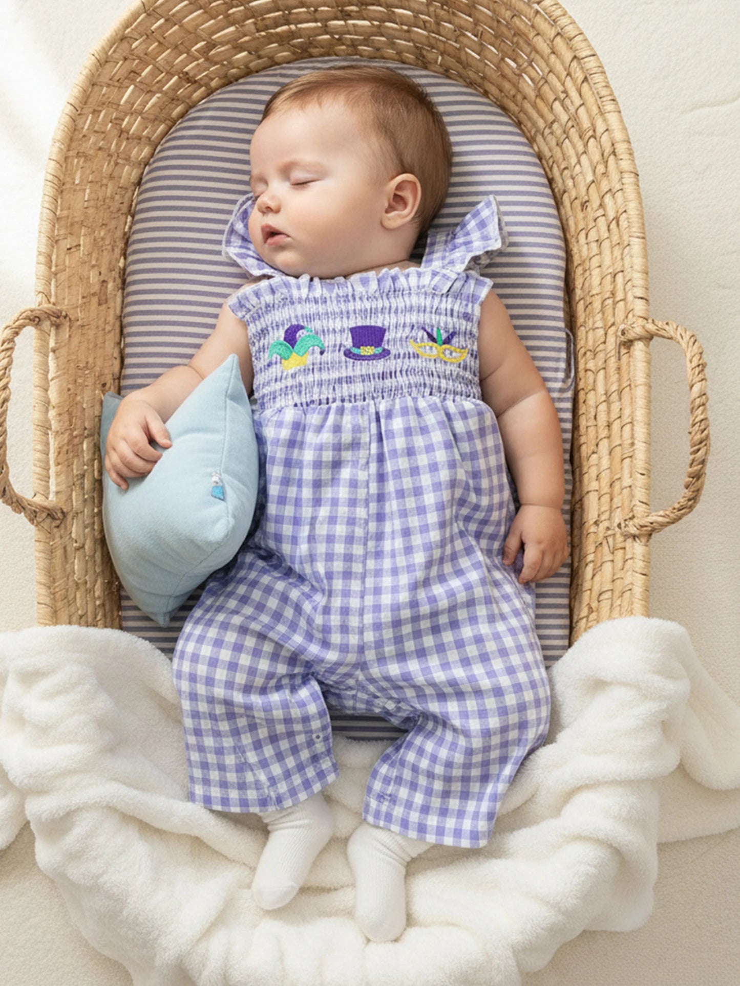 Girls Floral Embroidered Plaid Jumpsuit with Ruffle Sleeves