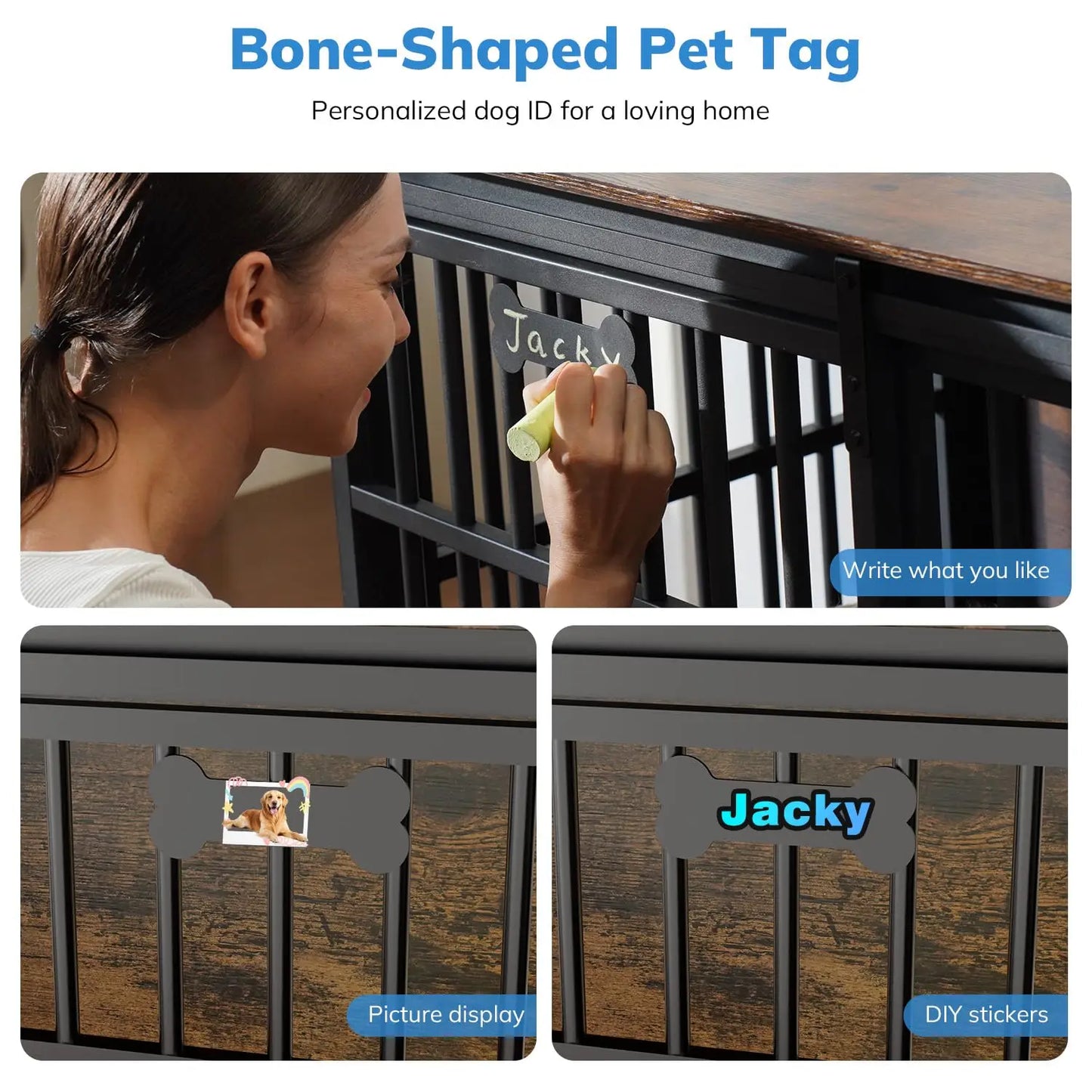 47in Wooden Dog Crate with Name Tag, Sliding Barn Door, Heavy Duty Indoor Kennel, Side End Table, TV Stand, Brown, Custom
