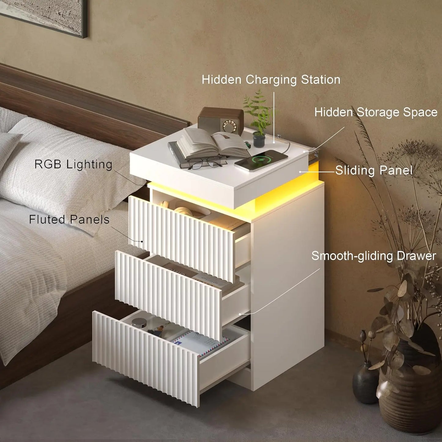 Nightstands Set of 2 LED Charging Station Mid Century Modern