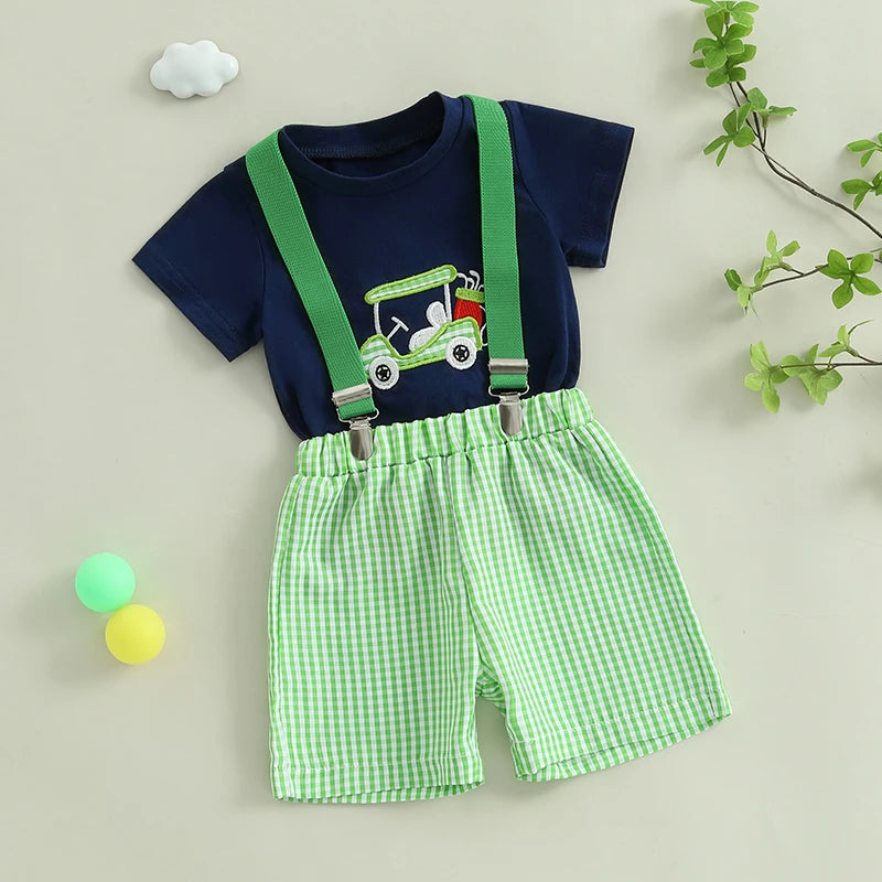 Unisex Dinosaur Print Summer Tee And Plaid Shorts Set