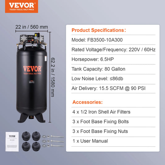 Oil Free 6.5 HP Two Stage Stationary Air Compressor Quiet