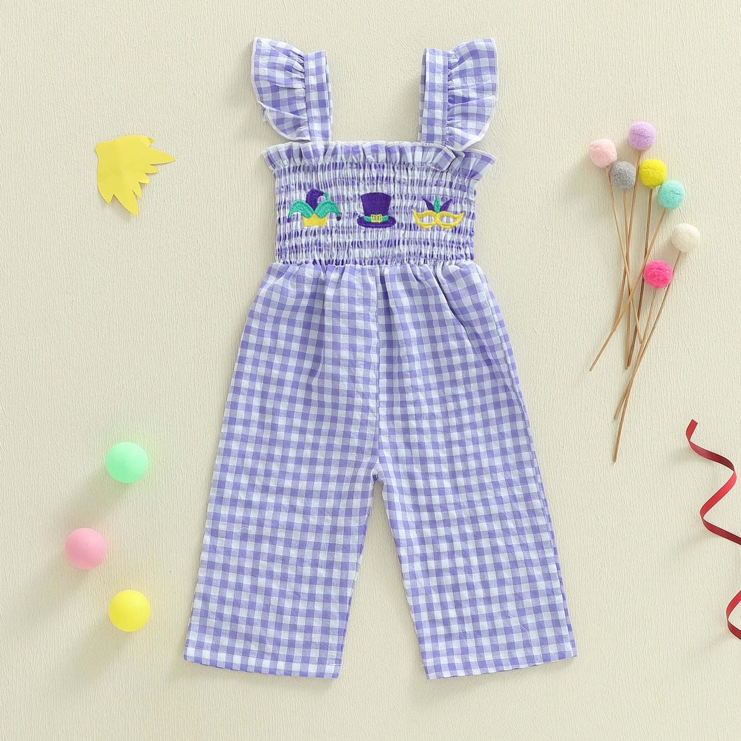 Girls Floral Embroidered Plaid Jumpsuit with Ruffle Sleeves