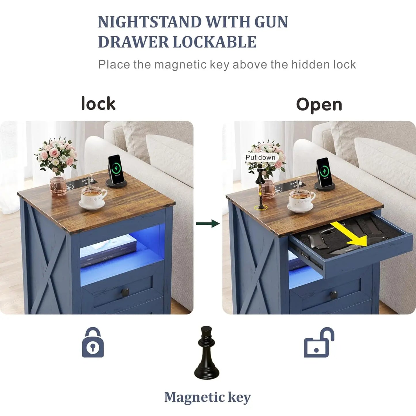 Frame LED Nightstand With Gun Drawer And Charging Station