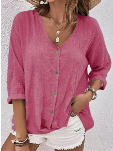V Neck Long Sleeve T Shirt Button Front Women Topwear