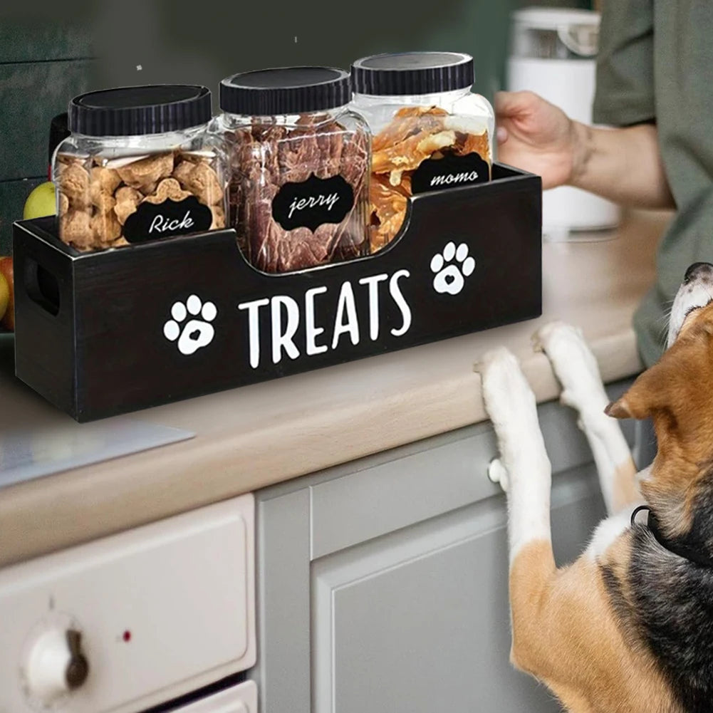Wooden Dog Food Storage Holder With 3 Treat Jars Airtight