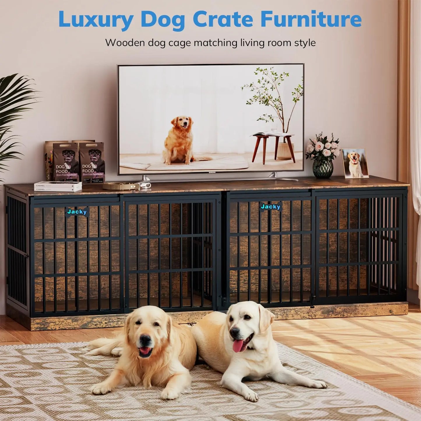 47in Wooden Dog Crate with Name Tag, Sliding Barn Door, Heavy Duty Indoor Kennel, Side End Table, TV Stand, Brown, Custom