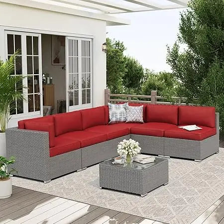 7 Piece Outdoor Patio Furniture Set Rattan Wicker Glass Table