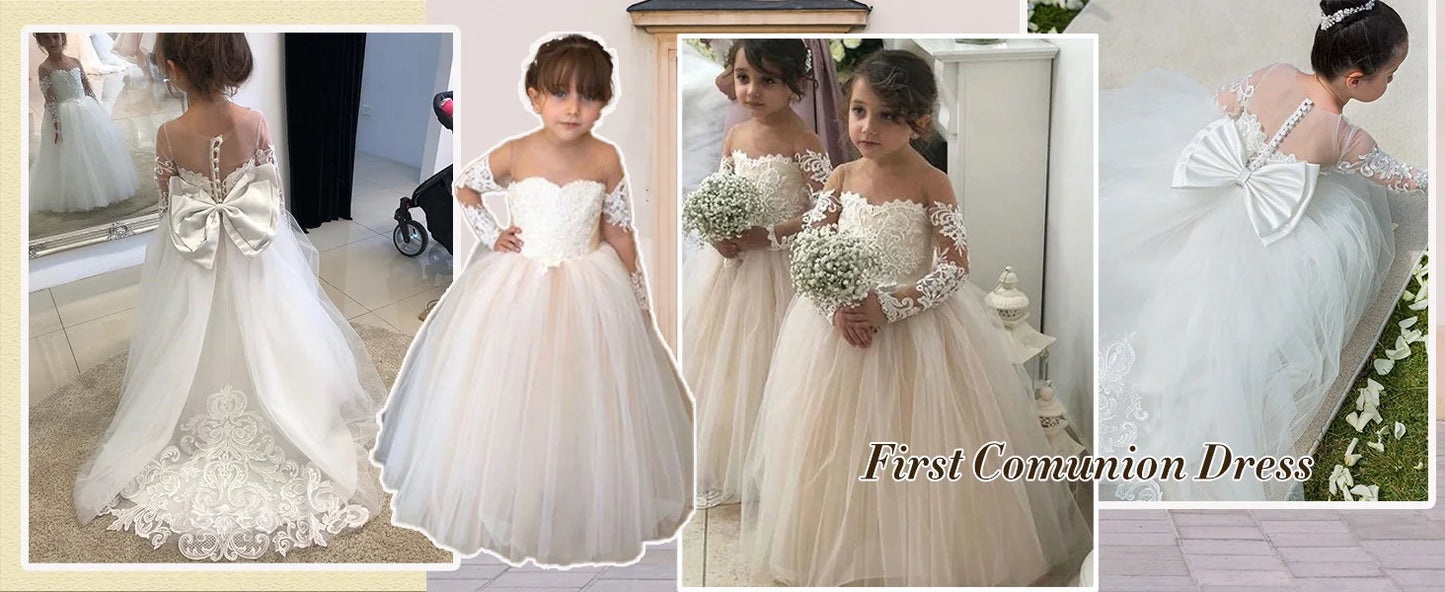 Abaowedding Lace Embroidery Sheer Long Sleeve Kids Gown