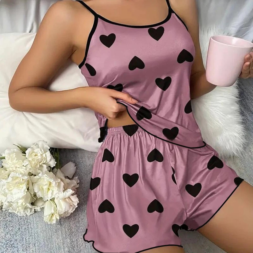 Women Pajama Set Sleeveless T Shirt Shorts Heart Print Summer