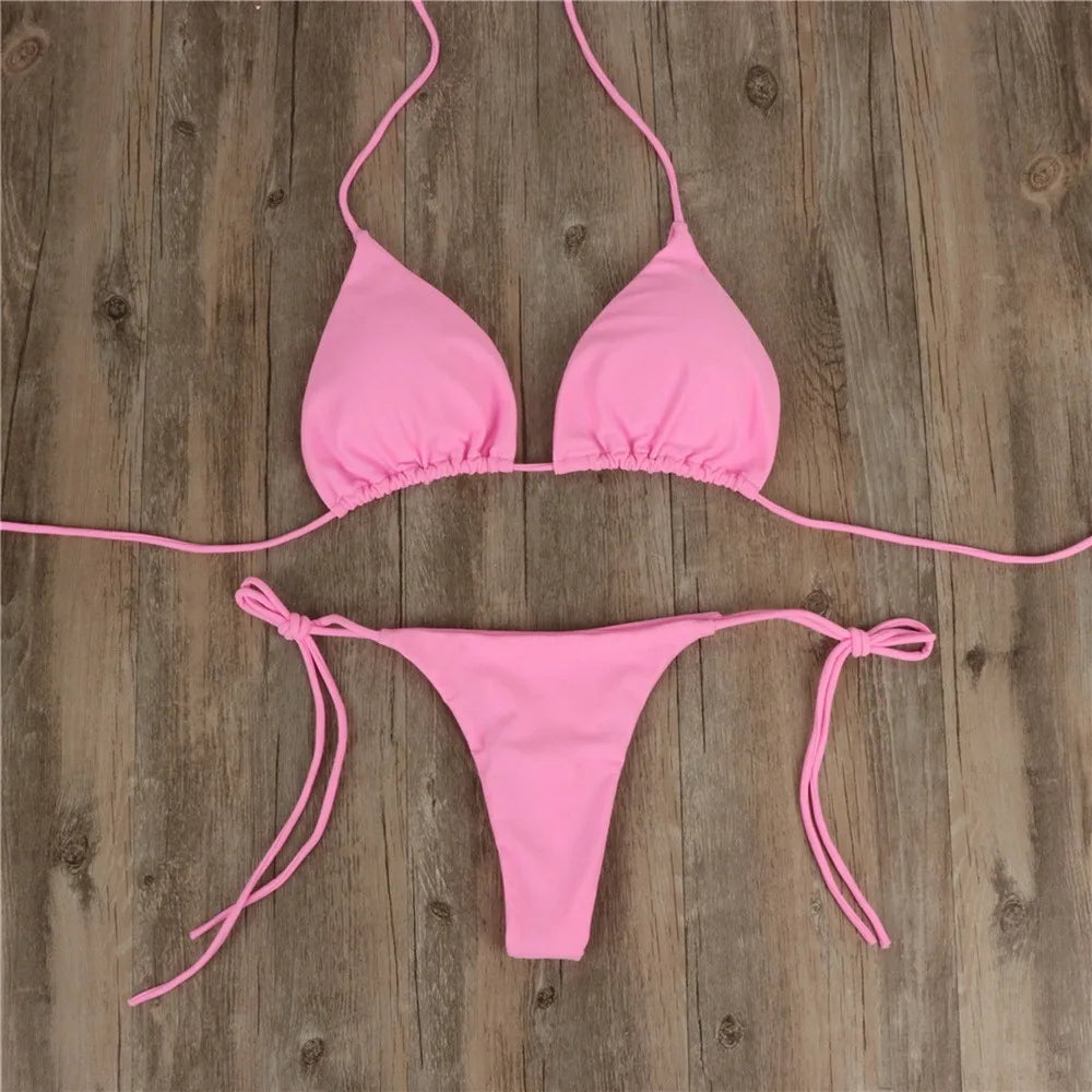 Women Halter Bikini Set Two Piece Solid Swimwear For Summer