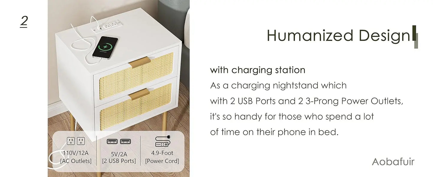 XIUWO Nightstand With Charging Station Rattan Bedside Table