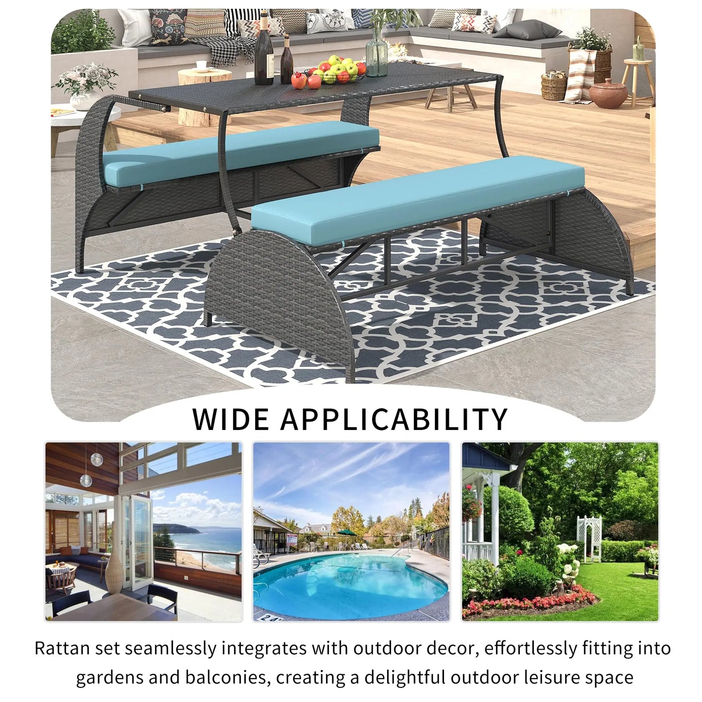 Outdoor Rattan Loveseat Convertible Picnic Bench With Table