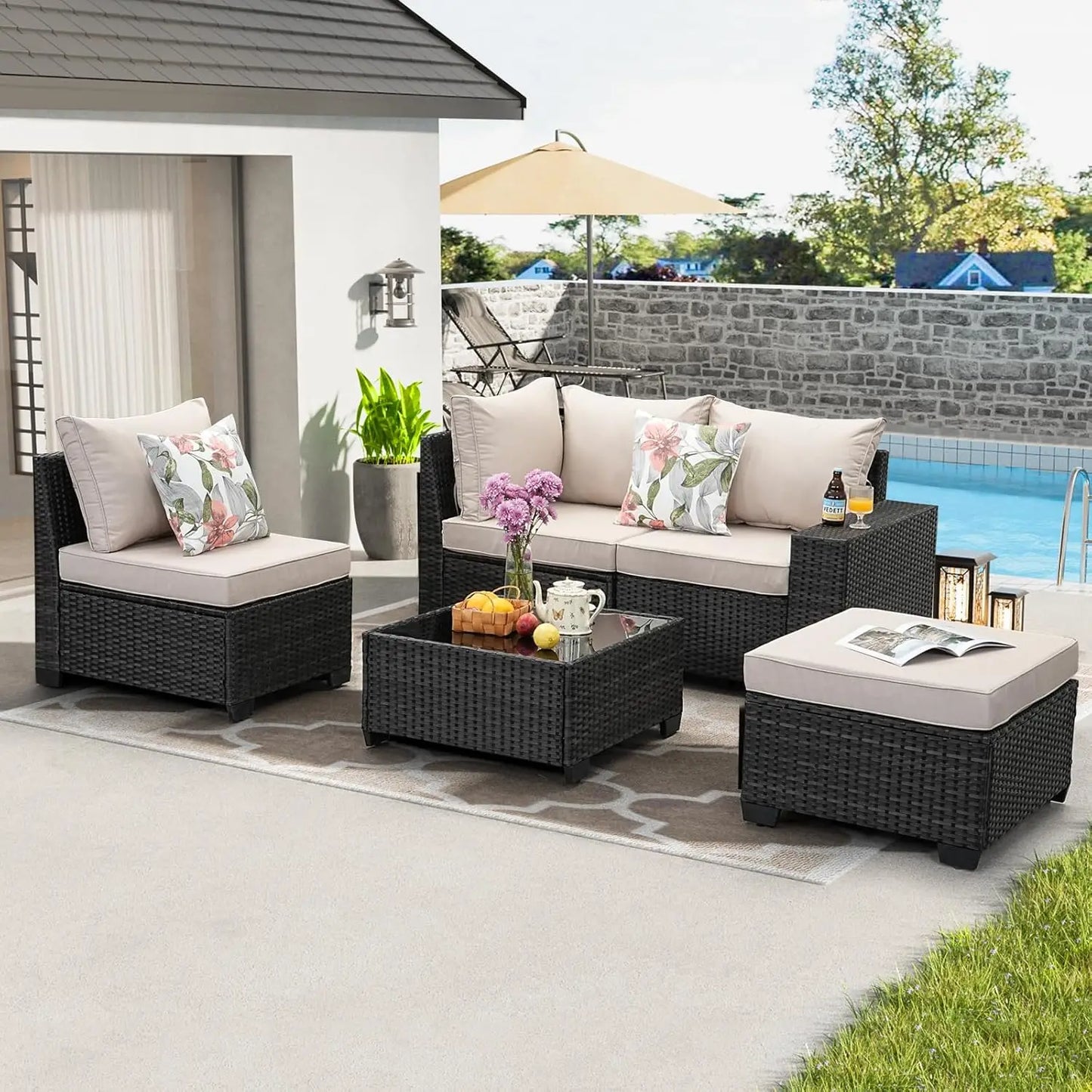 HUANZHUANG 5 Piece OutdoorPatio Furniture Set AllWeather Wicker Sofa
