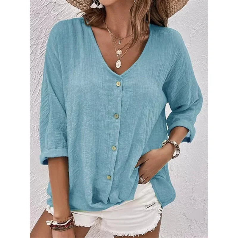 V Neck Long Sleeve T Shirt Button Front Women Topwear