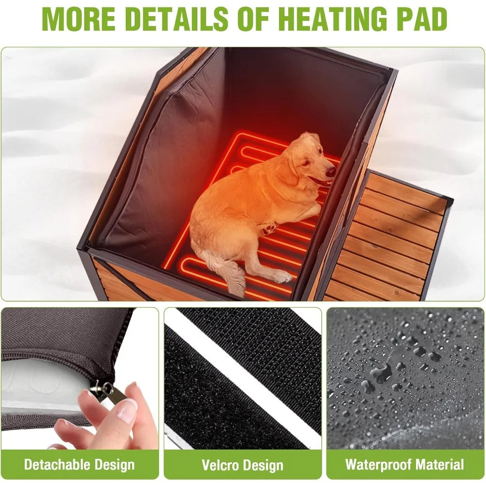 Heated Wooden Outdoor Dog House Kennel With Heating Pad