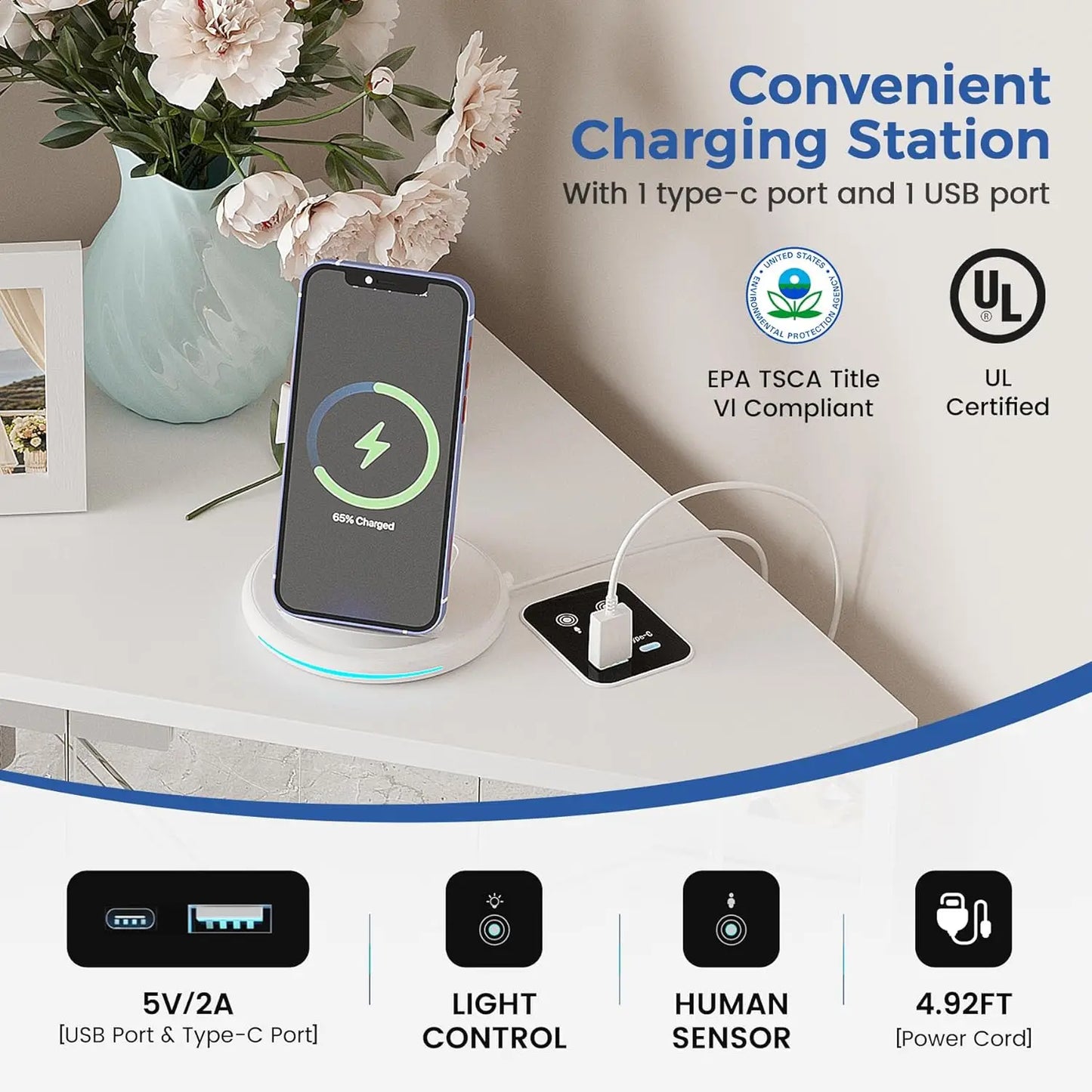 ZHILU Corner Curio Cabinet With Glass Doors LED Charging Station