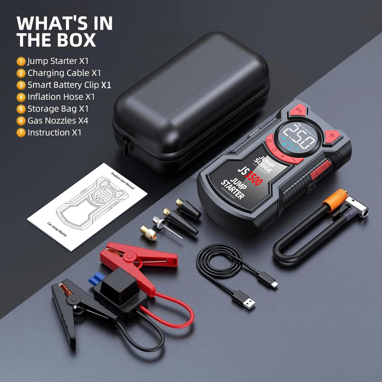 BUVAYE 5In1 Multifunctional Air Pump Jump Starter 3000A Peak 150PSI
