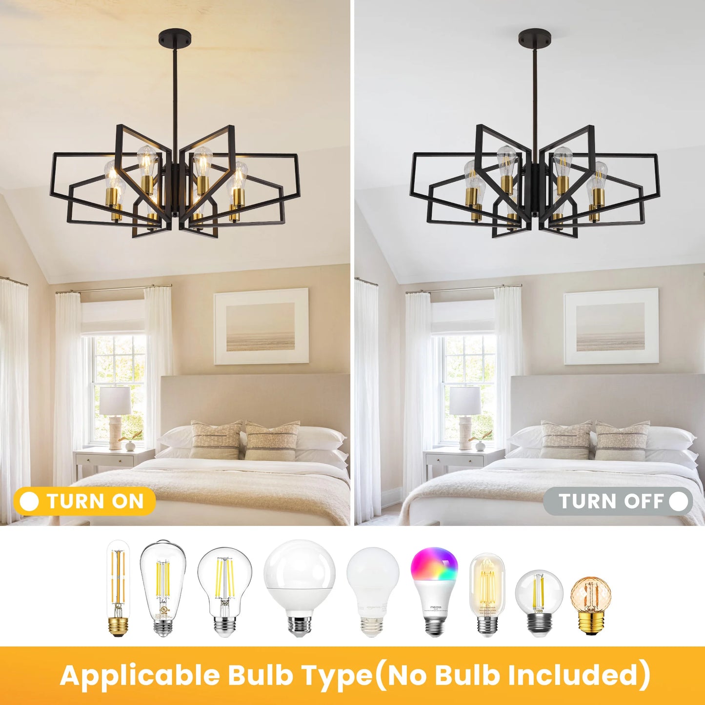 Geometric 8-Light Adjustable Height Chandelier Black Frame And Gold Accents