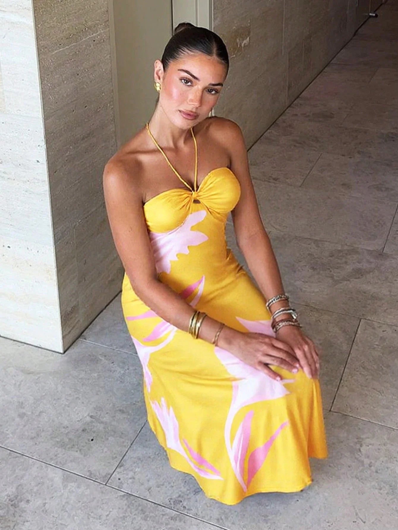Abstract Print Halter Maxi Dress Satin Gown For Women Beach Wedding Guest