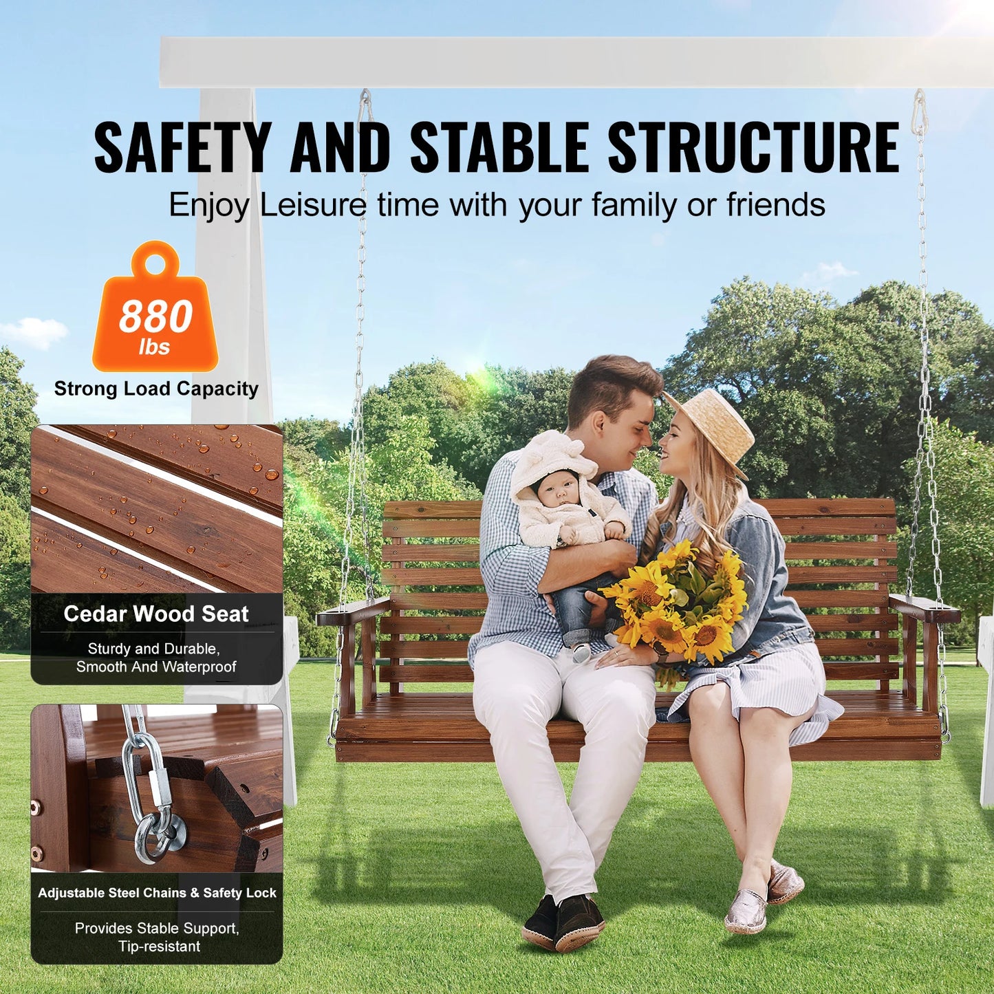 SucceBuy Wooden Porch Swing Patio Bench With 880 Lbs Capacity