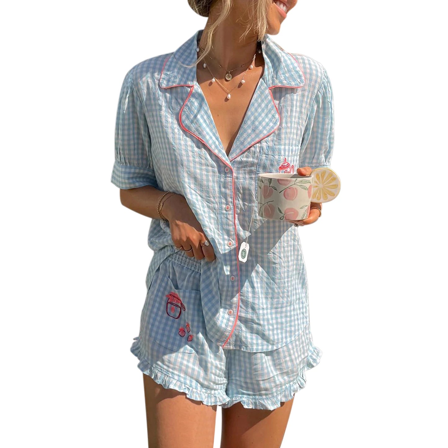 Hirigin Women Plaid Pajama Set Short Sleeve Shorts
