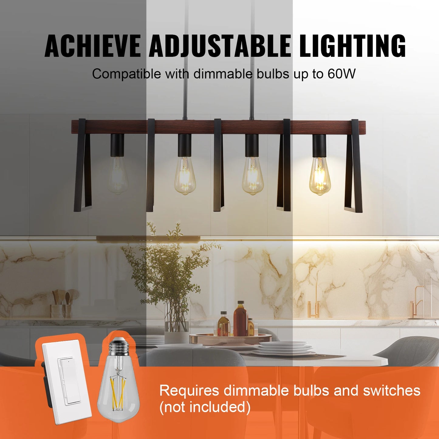 4 Light Kitchen Island Pendant Lights 60W Industrial Farmhouse Frame
