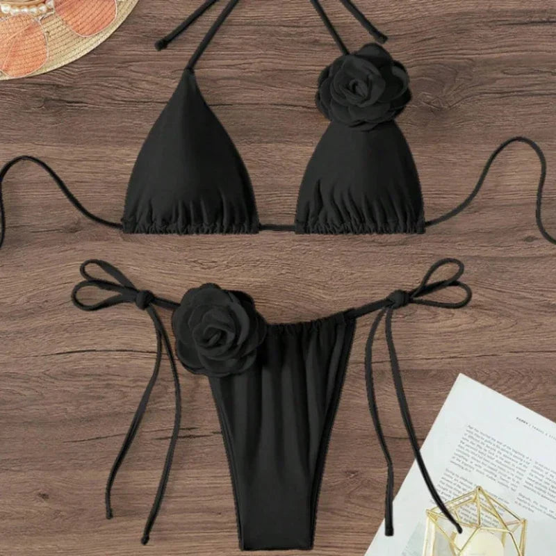 Sexy 3D Flowers Halter Strappy Bikini Set Women Swimwear