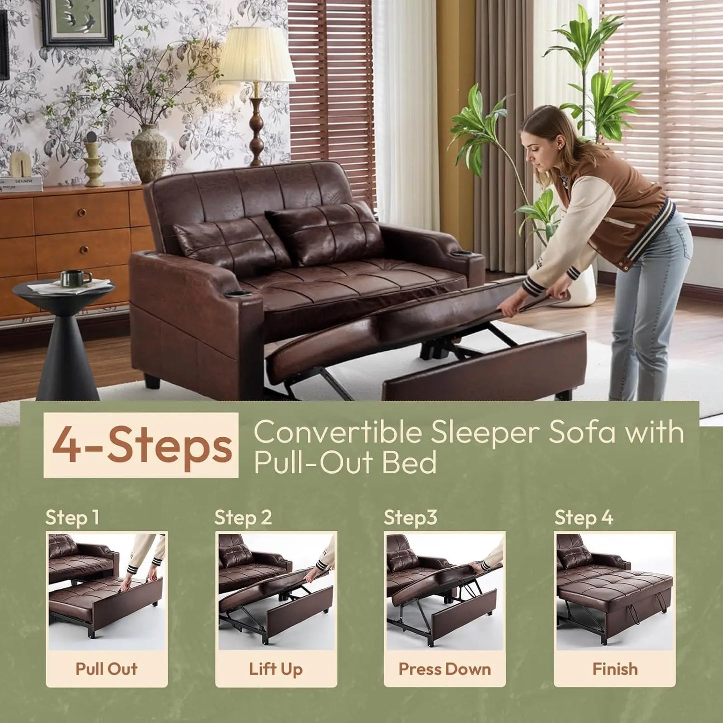 Rustic Futon Sofa Bed Convertible Loveseat With USB Ports