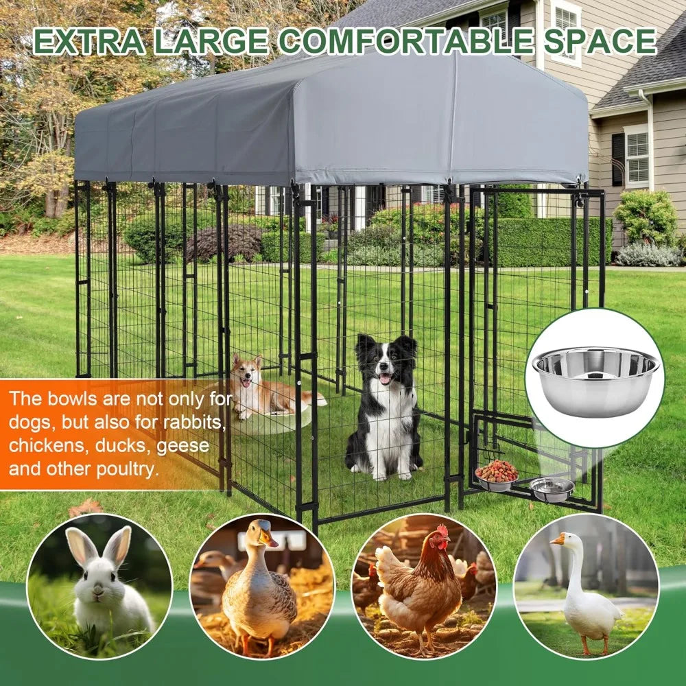8x4x6 FT Heavy Duty Outdoor Dog Kennel with Roof, Rotating Bowls, Secure Lock for Large Dogs
