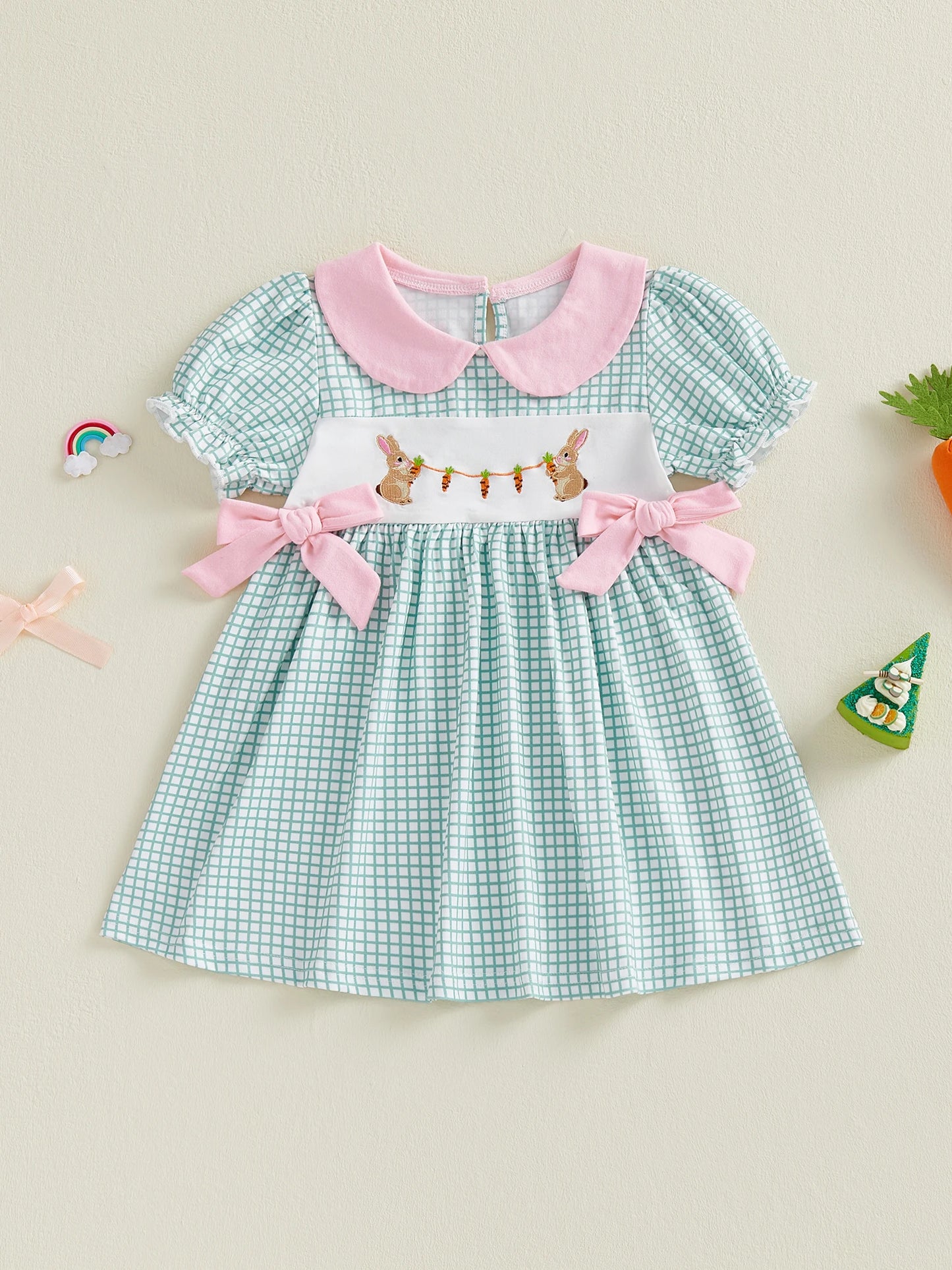 Adorable Baby Girl Easter Dress With Plaid Rabbit Embroidery