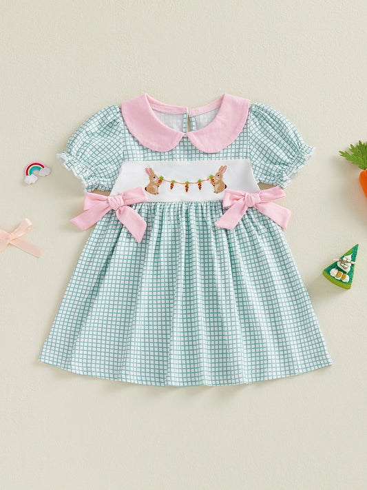 Adorable Baby Girl Easter Dress With Plaid Rabbit Embroidery