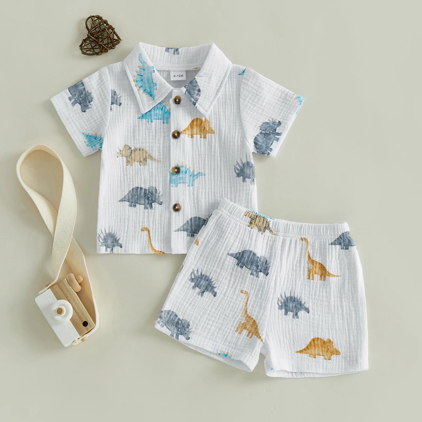 Dino Themed Children Shirt Shorts 2 Piece Summer Set