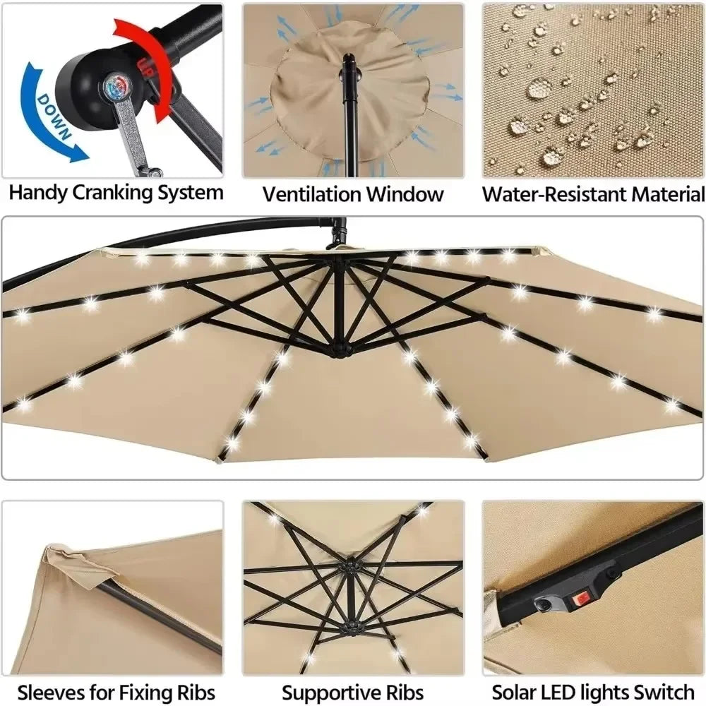 Solar Offset Cantilever Umbrella With LED Lights And Crank Base