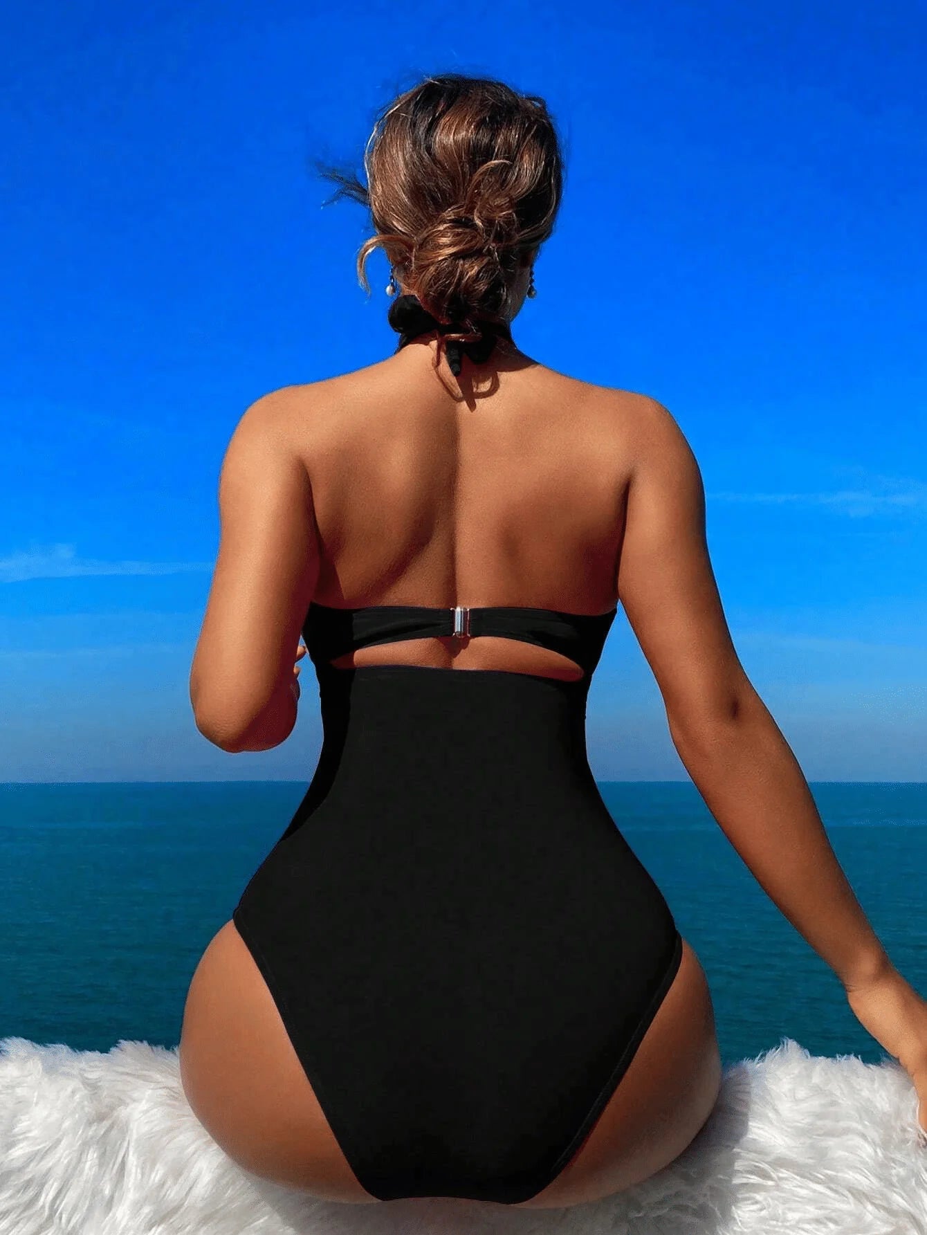NONECN Hanging Neck Cross Pleated One Piece Bikini Swimsuit